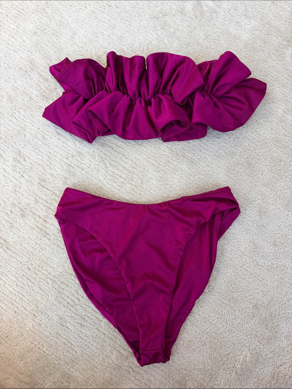 Ruffled Bandeau High Waisted Bikini Set in Magenta